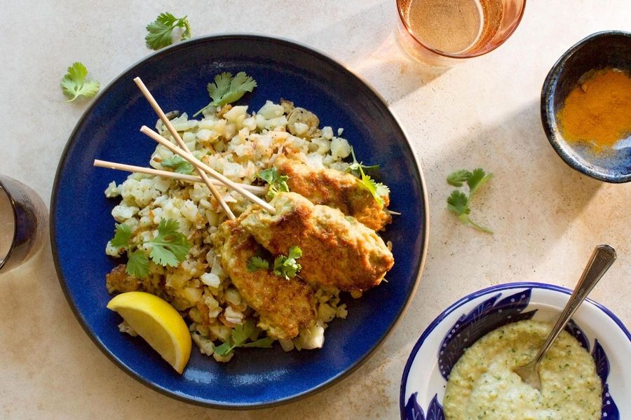 Masala-spiced turkey kebabs with cauliflower “rice” and cashew chutney