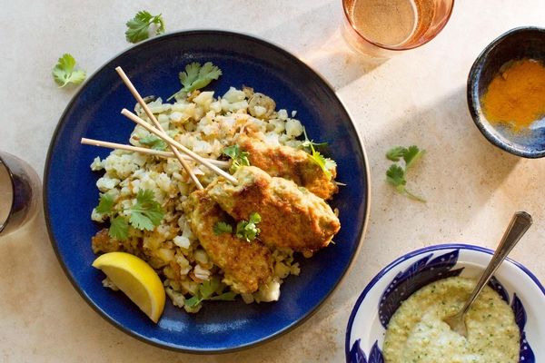 Masala-spiced turkey kebabs with cauliflower “rice” and cashew chutney