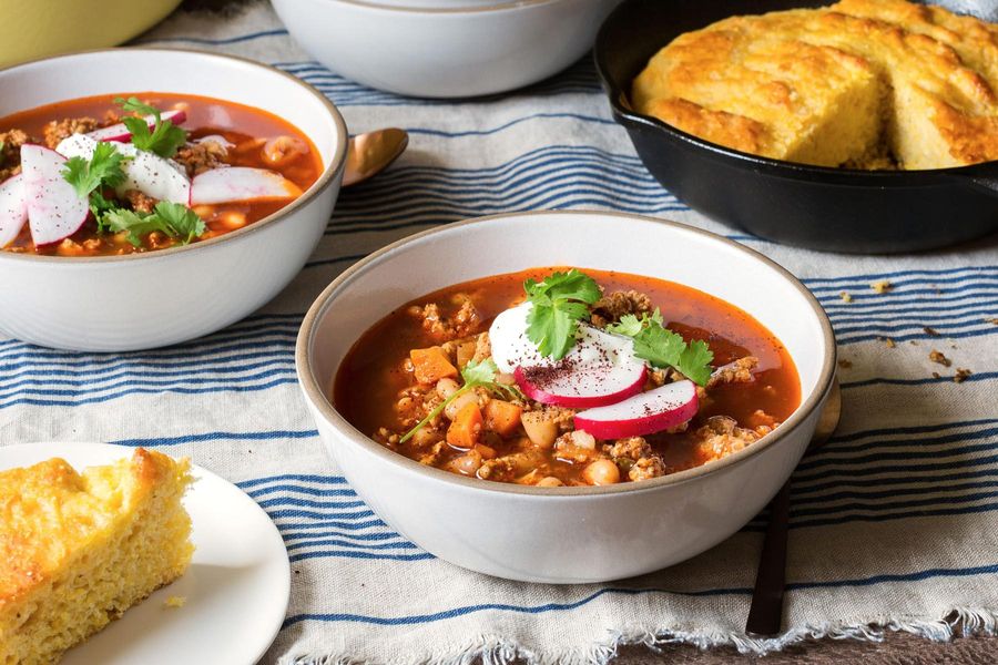 Turkey and white bean chili with cornbread