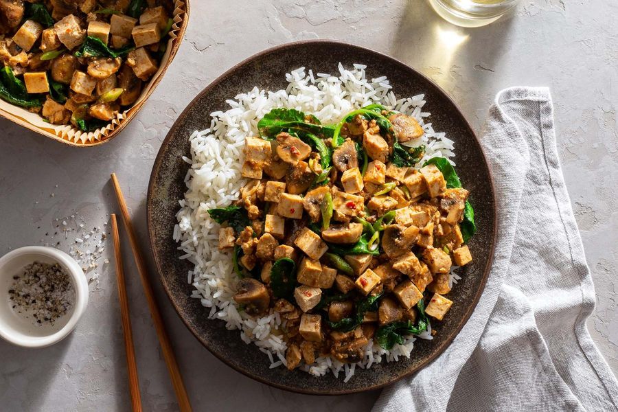 Spicy Sichuan mapo tofu with kale and jasmine rice