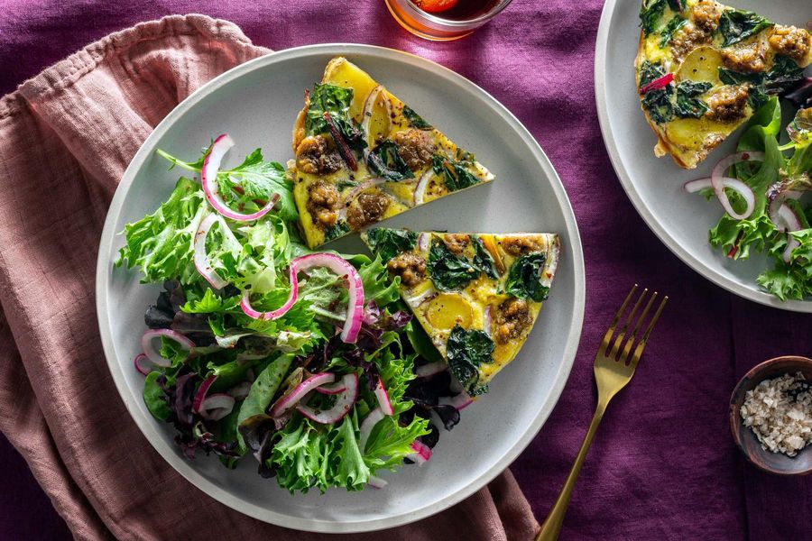 Chard and potato frittata with your choice of protein and green salad