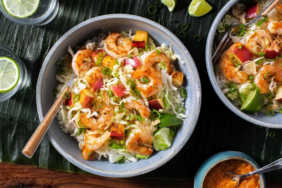 Shrimp stir-fry with Cambodian tuk trey sauce and jasmine rice