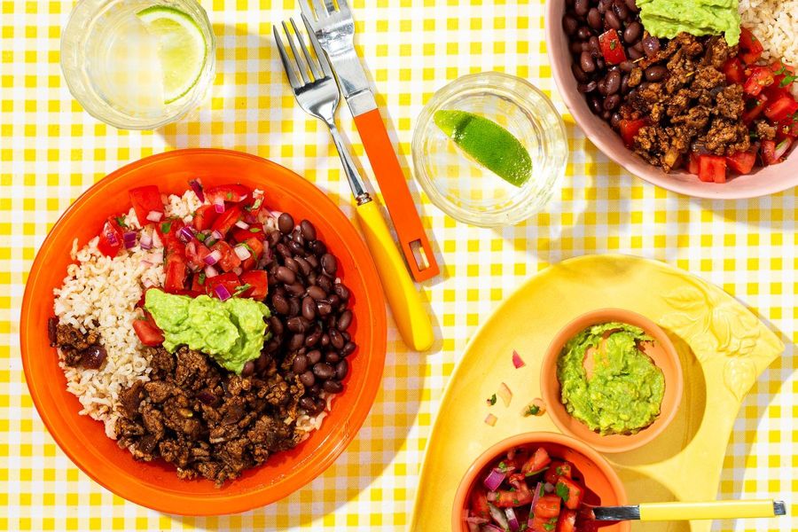 Taco bowls with brown rice, black beans, and pico de gallo