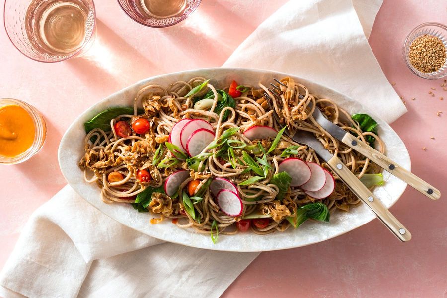 Fresh soba and spicy yuba bowls with sweet black bean sauce