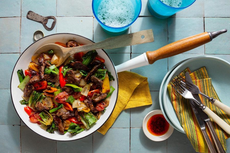 Steak stir-fry with sweet peppers and baby bok choy