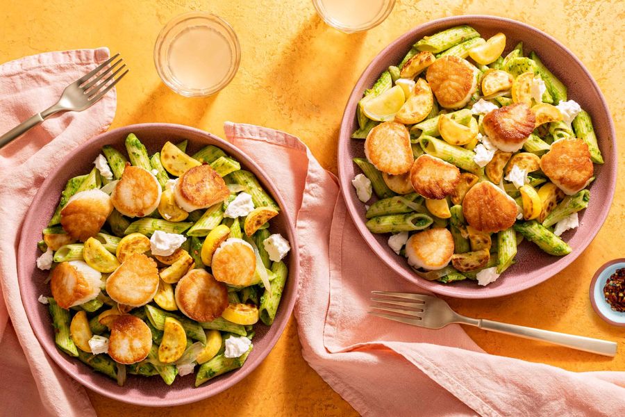 Penne with your choice of protein, squash, and sweet pea pistou