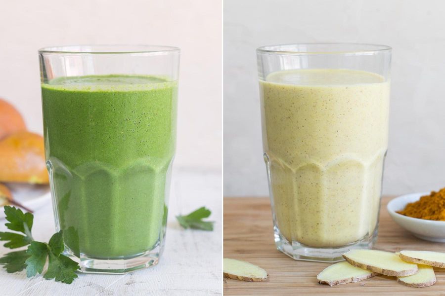 Two breakfasts: Pear-kale tonic & Mango-turmeric smoothie with ginger