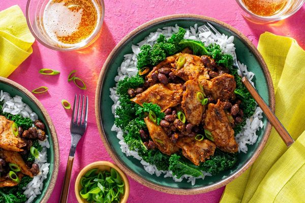 Mexican pork and beans with tomatillo sauce, rice, and kale
