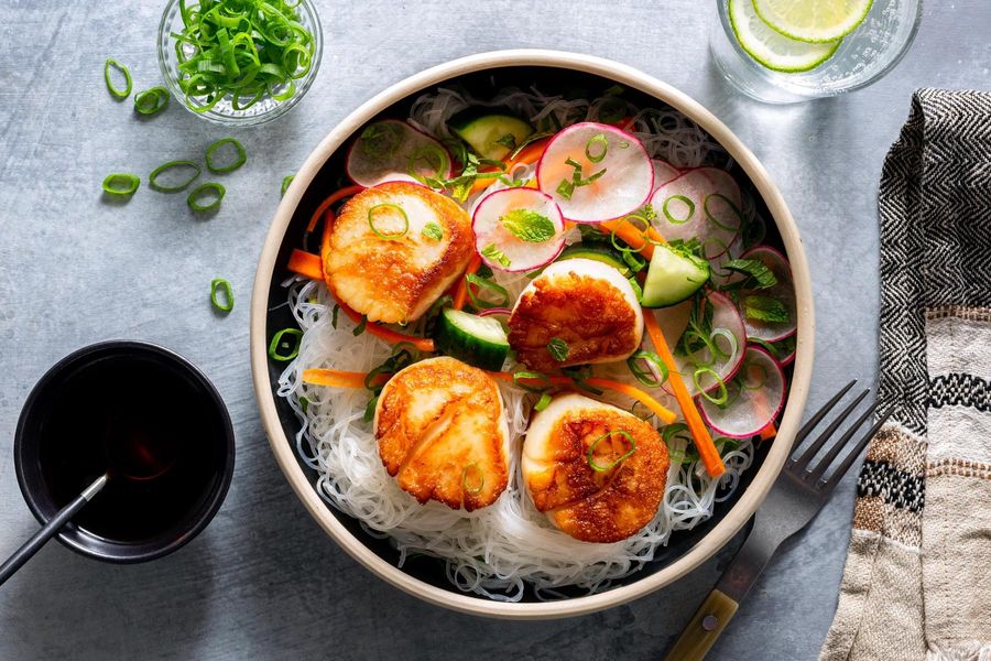 Saigon noodle bowls with braised tofu and cucumber-radish salad