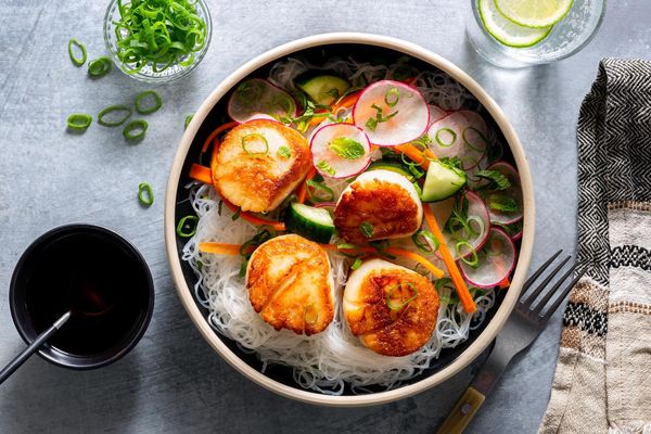 Saigon noodle bowls with braised tofu and cucumber-radish salad