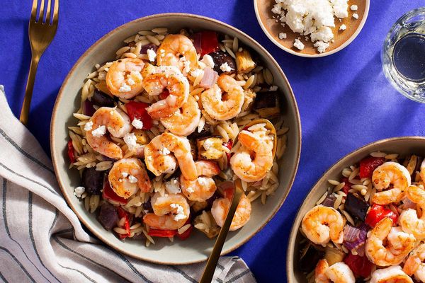 Lemony orzo with chicken, roasted eggplant, and bell pepper