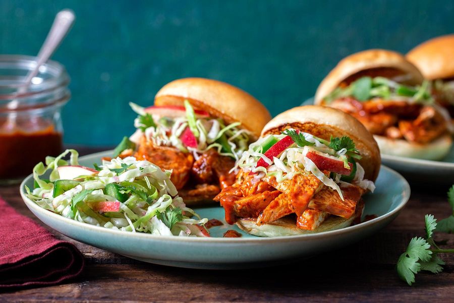 Spicy barbacoa chicken sliders with cabbage-apple slaw