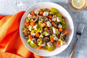 Crustless chicken pot pie with carrots, celery, and mushrooms