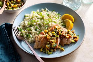 Sicilian chicken with charred lemon chutney and cauliflower “rice”