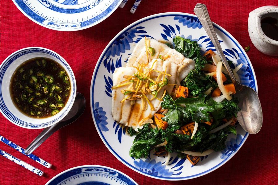 Taiwanese-style sole with five-spice sweet potato and wilted greens