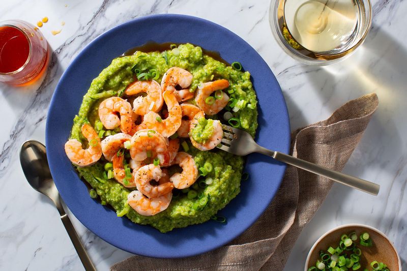 Hot Honey Shrimp over Grits with Basil-Parmesan Dressing and Zucchini | Sunbasket