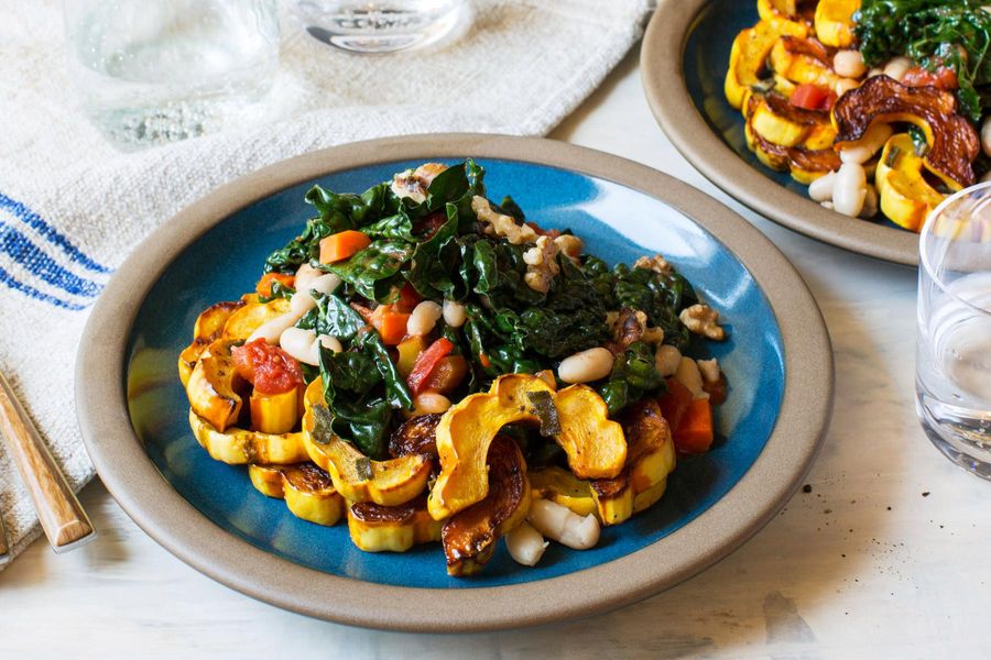 Pan-roasted delicata squash with sage, white beans, and kale