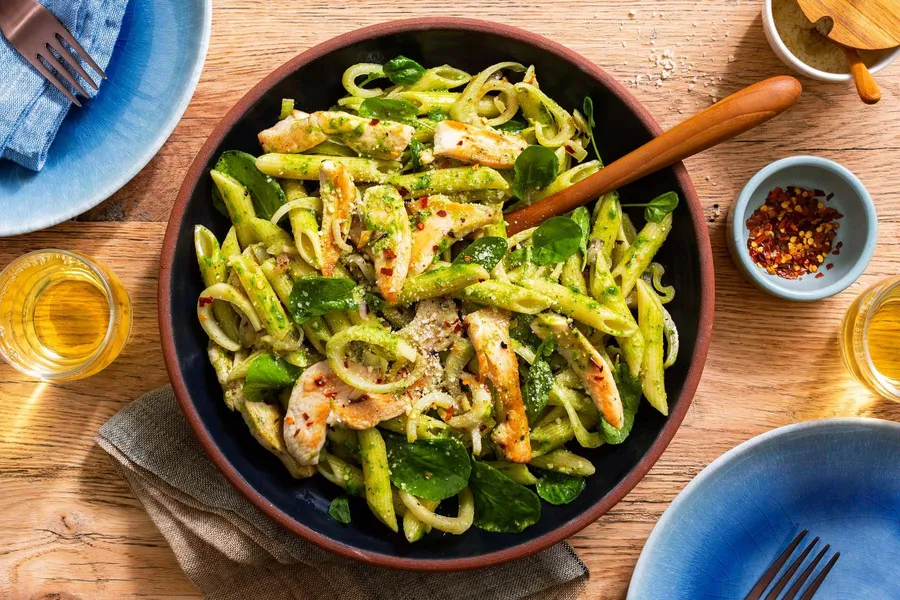 Superfast pesto penne with chicken, fennel, and Parmesan