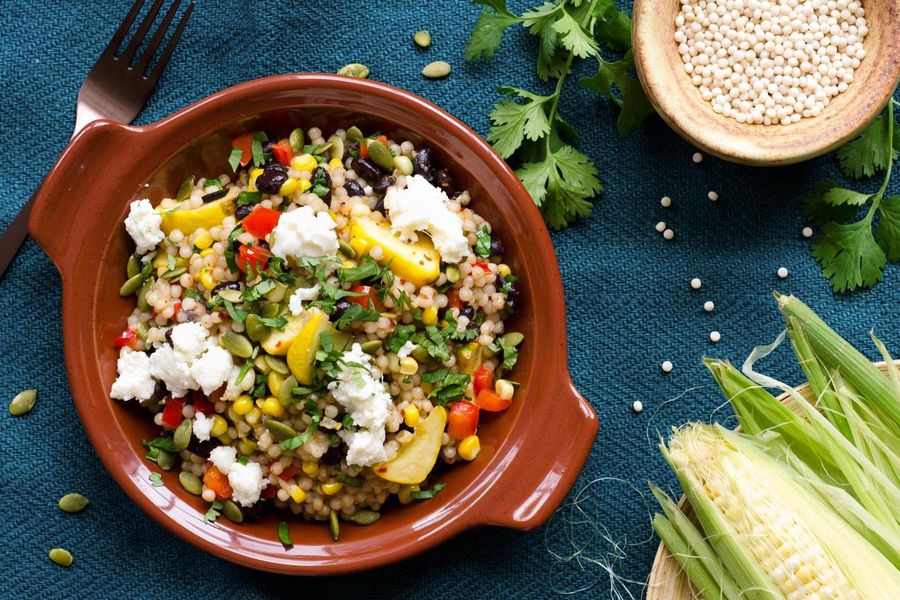 Fregola salad with black beans, corn, and red pepper