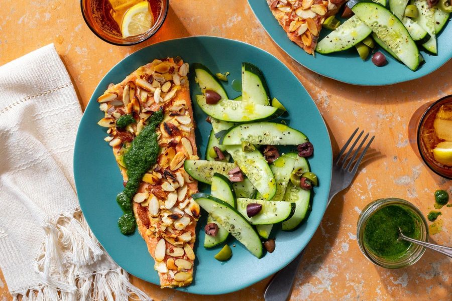 Almond-crusted sustainably raised rainbow trout with chermoula