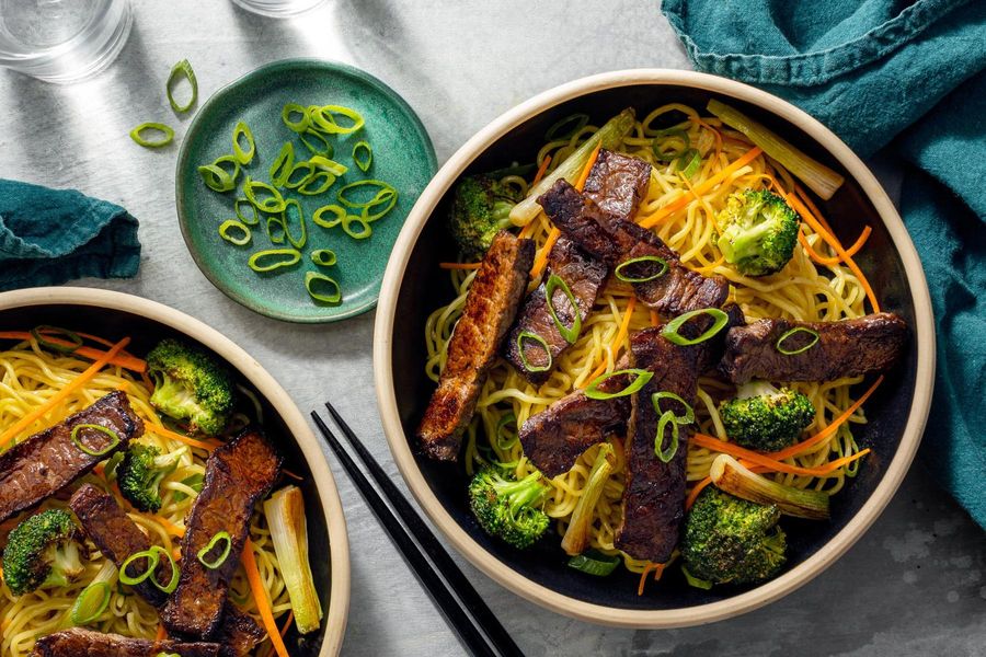 Mongolian beef and vegetable stir-fry with fresh ramen