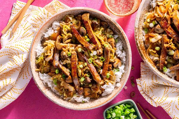 Five-spice pork stir-fry with cabbage and mushrooms over jasmine rice