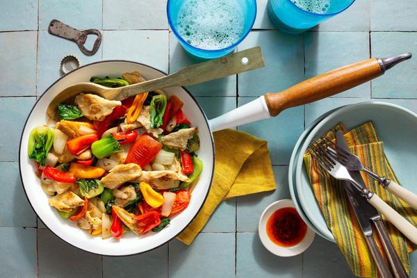 Steak stir-fry with sweet peppers and baby bok choy