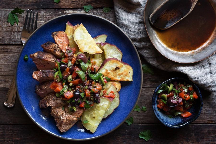 Pork blade steaks with roasted sweet potatoes and red-pepper salsa
