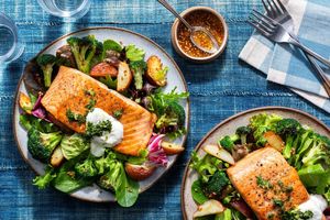 Salmon with roasted new potatoes and charred broccoli