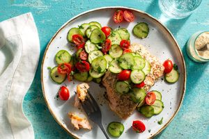 Mustard-glazed salmon with lemony zucchini-tomato salad