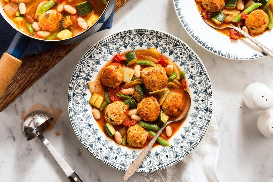Hearty minestrone with chicken meatballs and chunky vegetables