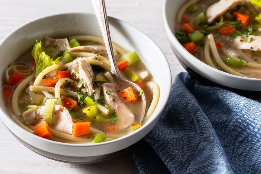 Classic chicken noodle soup with bucatini