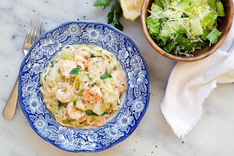 Shrimp scampi with romaine salad