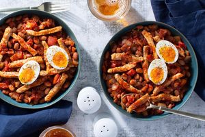 Smoky maple pork and beans with soft-cooked eggs