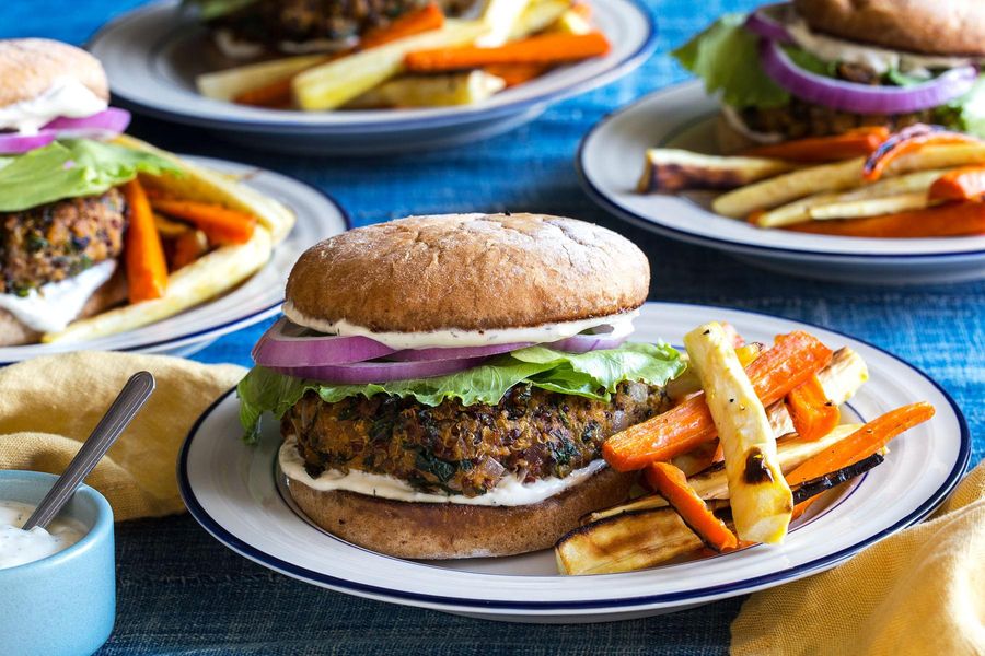 Chickpea-quinoa burgers with roasted carrot and parsnip “fries”