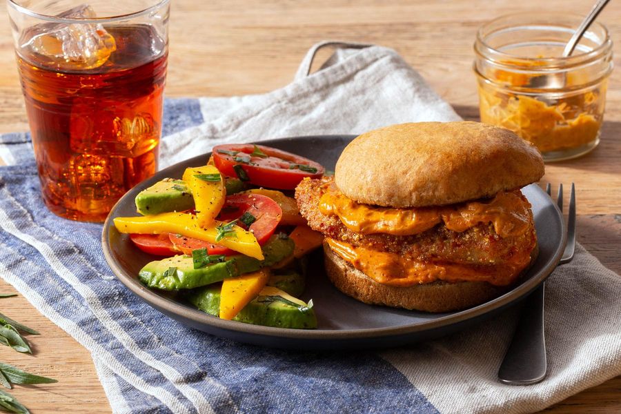 Fried chicken sandwiches with chipotle mayo and mango salad