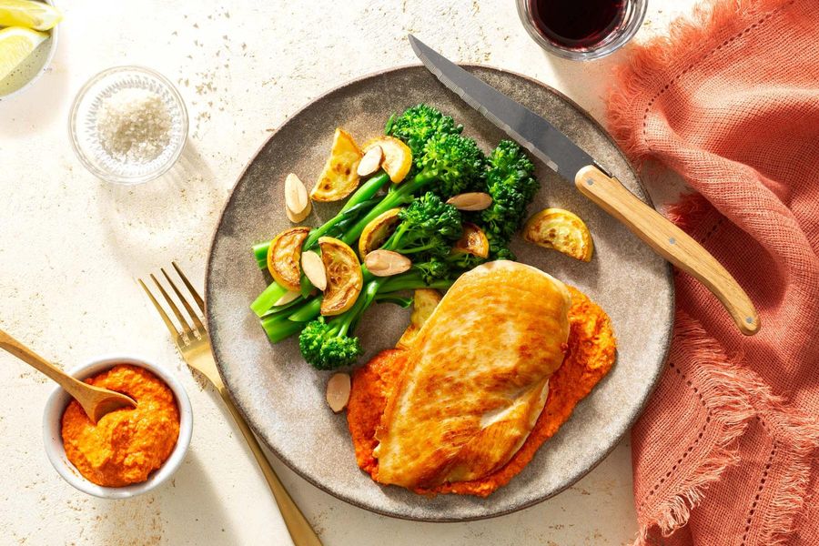 Steaks and romesco with baby broccoli, summer squash, and almonds