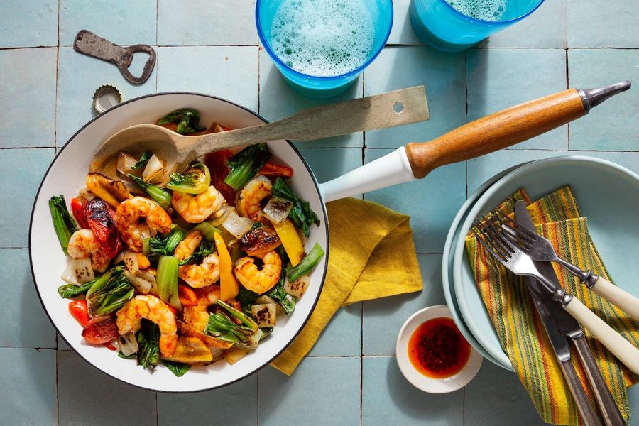 Stir-fry with sweet peppers, tomato, and baby bok choy