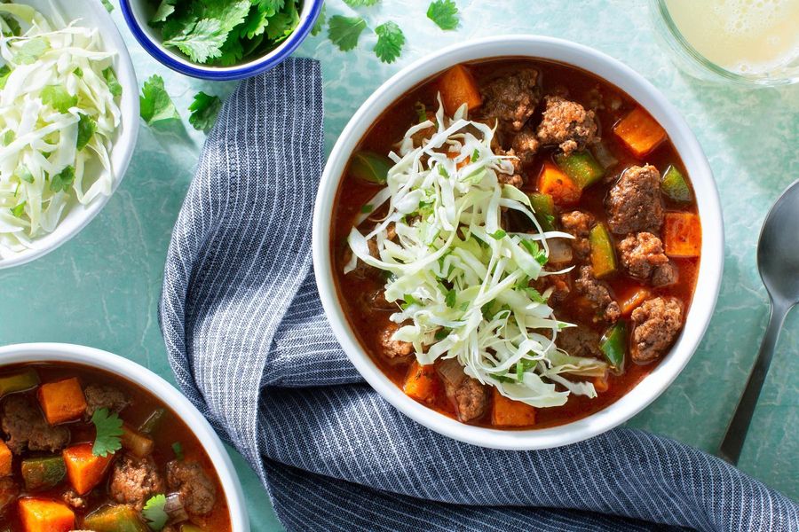 Spicy chipotle and sweet potato chili with cabbage slaw