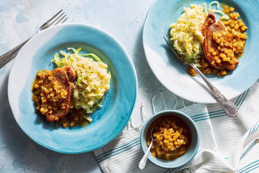 Pork chops with apple pan sauce and sweet potato–cabbage mash