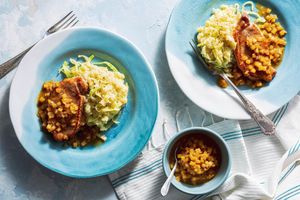 Pork chops with apple pan sauce and potato–cabbage mash