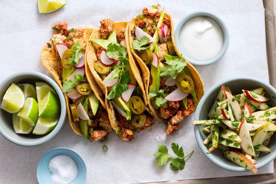 Tofu mole tacos with apple salad and avocado