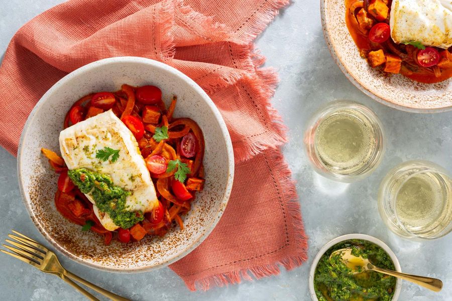 Peruvian-style halibut with tomatoes, lime, and sweet potato