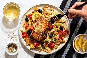 Garlic-yogurt halibut and fattoush salad with chickpeas and za’atar