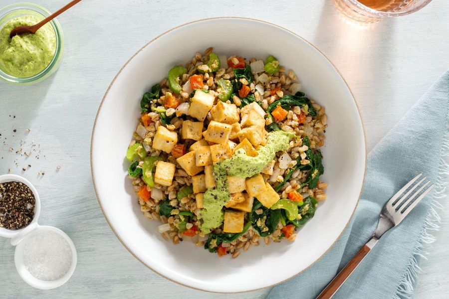 Farro bowls with spinach, apricots, and green goddess dressing