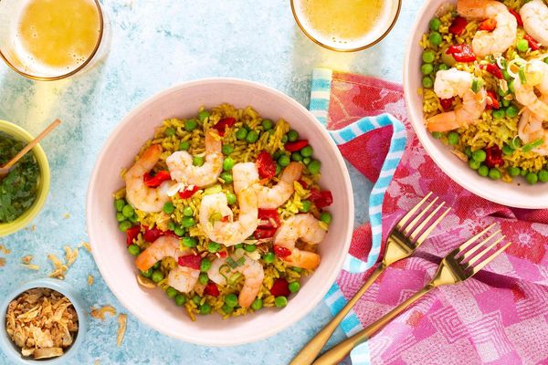 Vegetable biryani with tofu, basmati rice, and ginger chutney