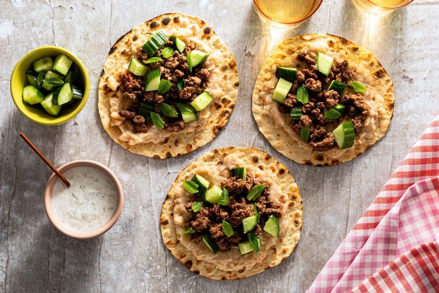 Flatbread “tacos” with white bean mash and cucumber-mint relish