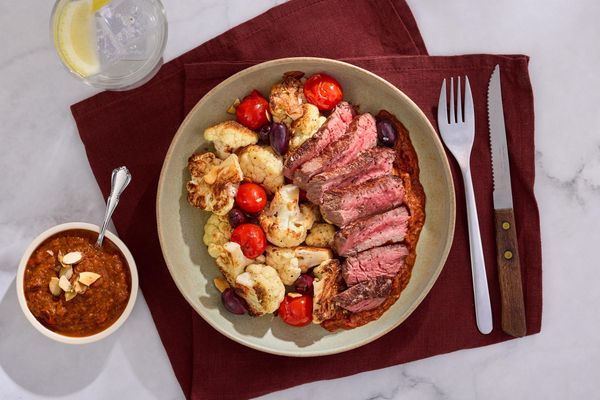 Seared steaks with roasted red pepper ajvar and cauliflower