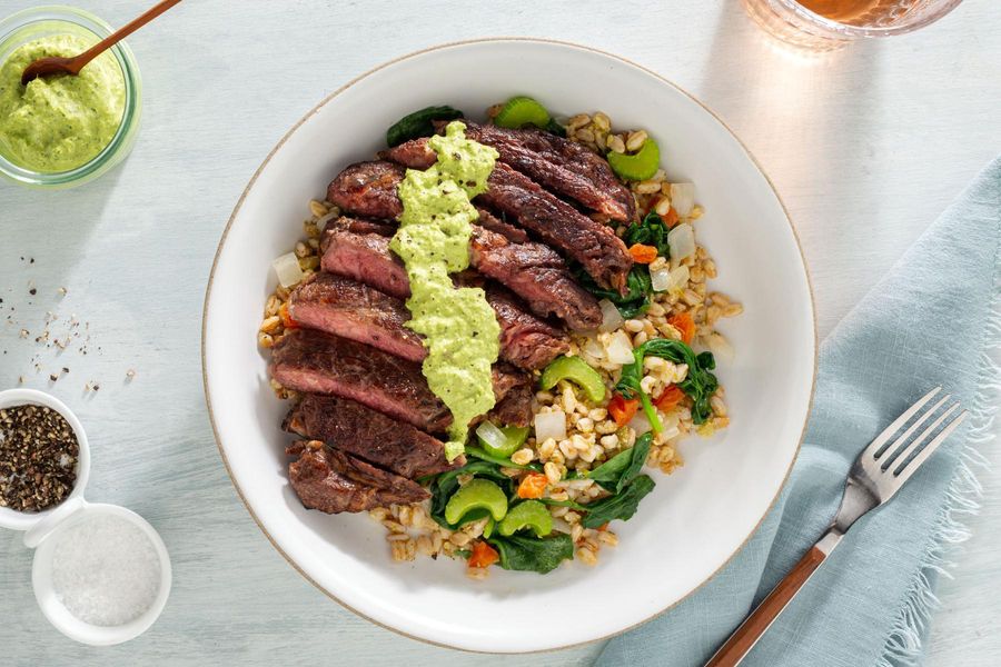 Farro bowls with spinach, apricots, and green goddess dressing