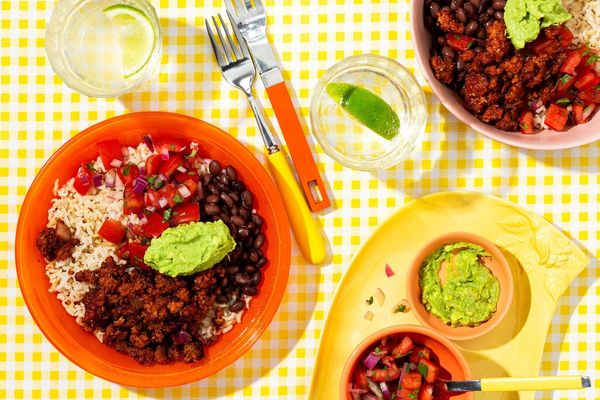 Turkey taco bowls with brown rice, black beans, and pico de gallo